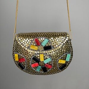 Antique Brass & Gemstone Hard Shell Crossbody with Chain Strap